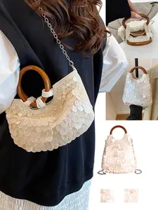Acrylic Sequins Shell Texture Bag, Wooden Handle, Handheld Shoulder Crossbody, Two Styles, Suitable for Different