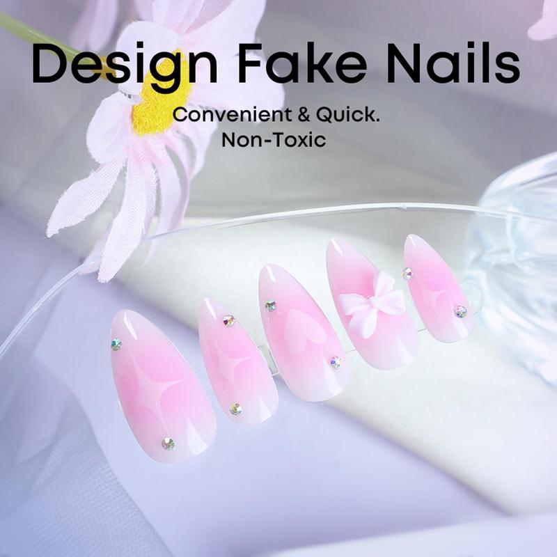 Pink Gradient Almond Press-On Nails with Blush Bow & Star Rhinestones Glossy Stick-On Acrylic False Nails for Women Girls DIY Manicure Easter Birthday Gifts
