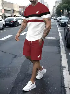Men's 3D Digital Full-Print Round Neck Pullover T-Shirt + Beach Shorts Matching Set, Casual Loose Fit Summer, Lightweight Outdoor Activities, Outfit