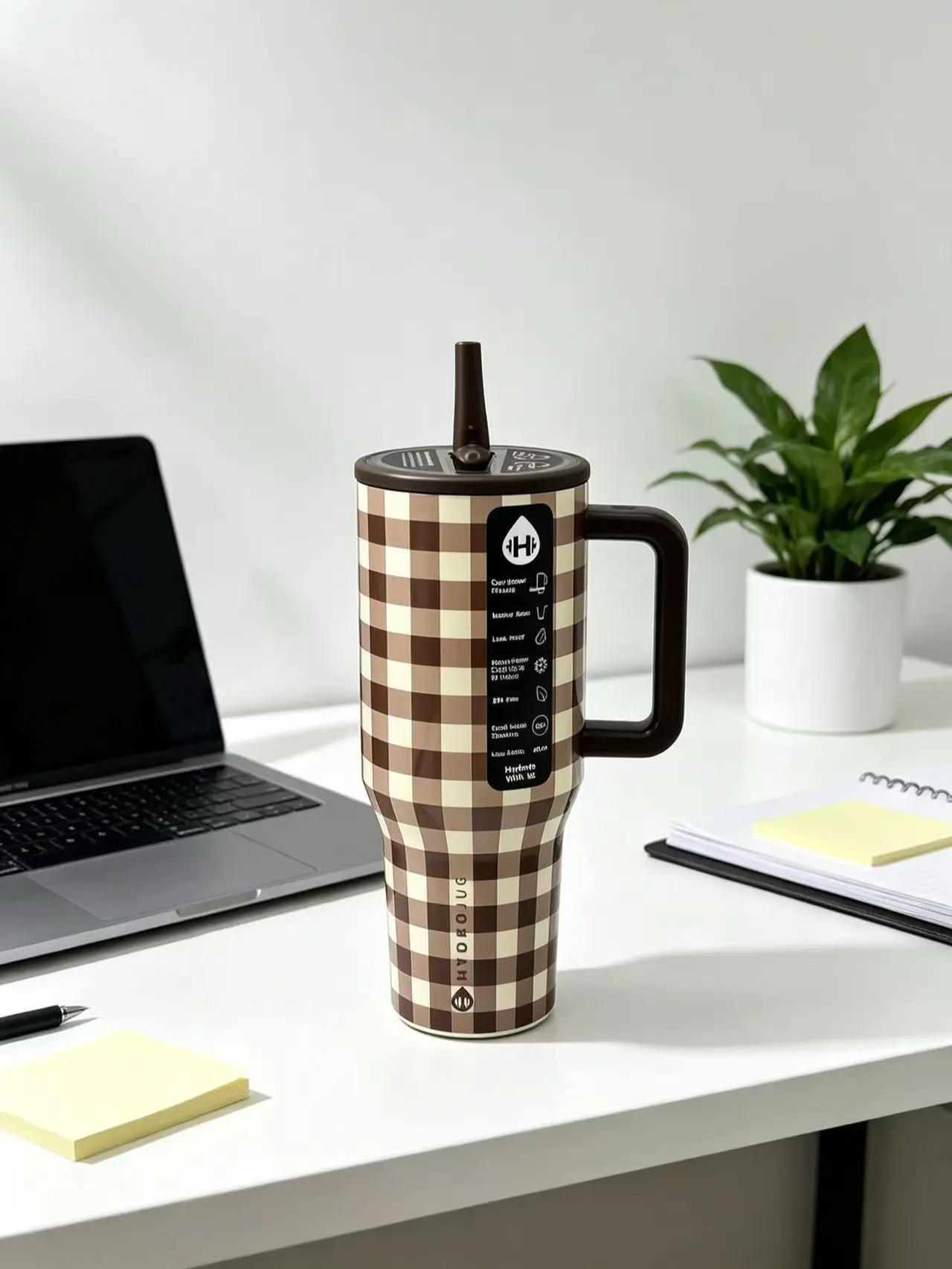 HydroJug 40oz  Retro Brown Cream Gingham Plaid 40oz Tumbler with Handle, Leak Proof Stainless Steel Travel Mug for Office & Daily Work Drinkware