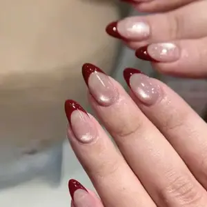 Upgrade Your Look, 24pcs Y2K Almond Medium Nail Tips Art, Nude Crystal Cat Eye Press-On Nails, Almond Shape Nails, Wine French Acrylic Set, DIY for Women & Girls