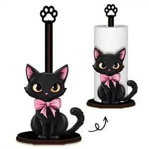 Black Cat-Shaped Wooden Kitchen Paper Towel Holder, Countertop Standing Paper Towel Dispenser, Multifunctional Paper Towel And Cling Film Roll Organizer, Suitable For Kitchen Countertops, An Essential Item For Organizing Paper Towels In Your Home Kitchen.