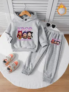 Girls' Fall Winter Fleece Lined 2-Piece Casual Set, Kpop Demon Hunters Hoodie & Comfortable Joggers, Trendy Kids