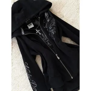 American retro slim-fit short hooded sweater jacket women's autumn new Spice Girl subculture y2k printed top