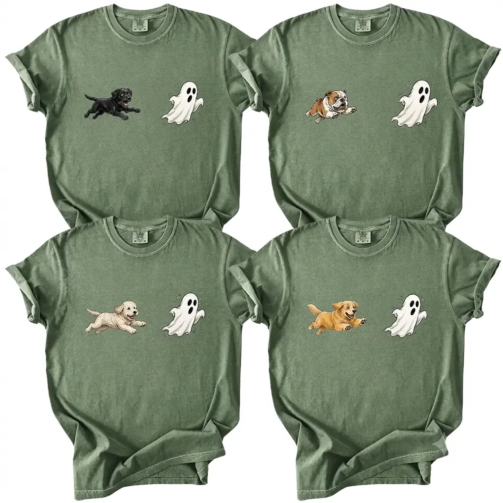 Comfort Colors 50+ Dog Breeds Halloween Shirt, Cute Puppy Ghost Trick-or-Treat Tee, Funny Spooky Season Dog Lover Shirt, Pumpkin Graphic Tee, Unisex Pet Parent Halloween Gift, Moss Color