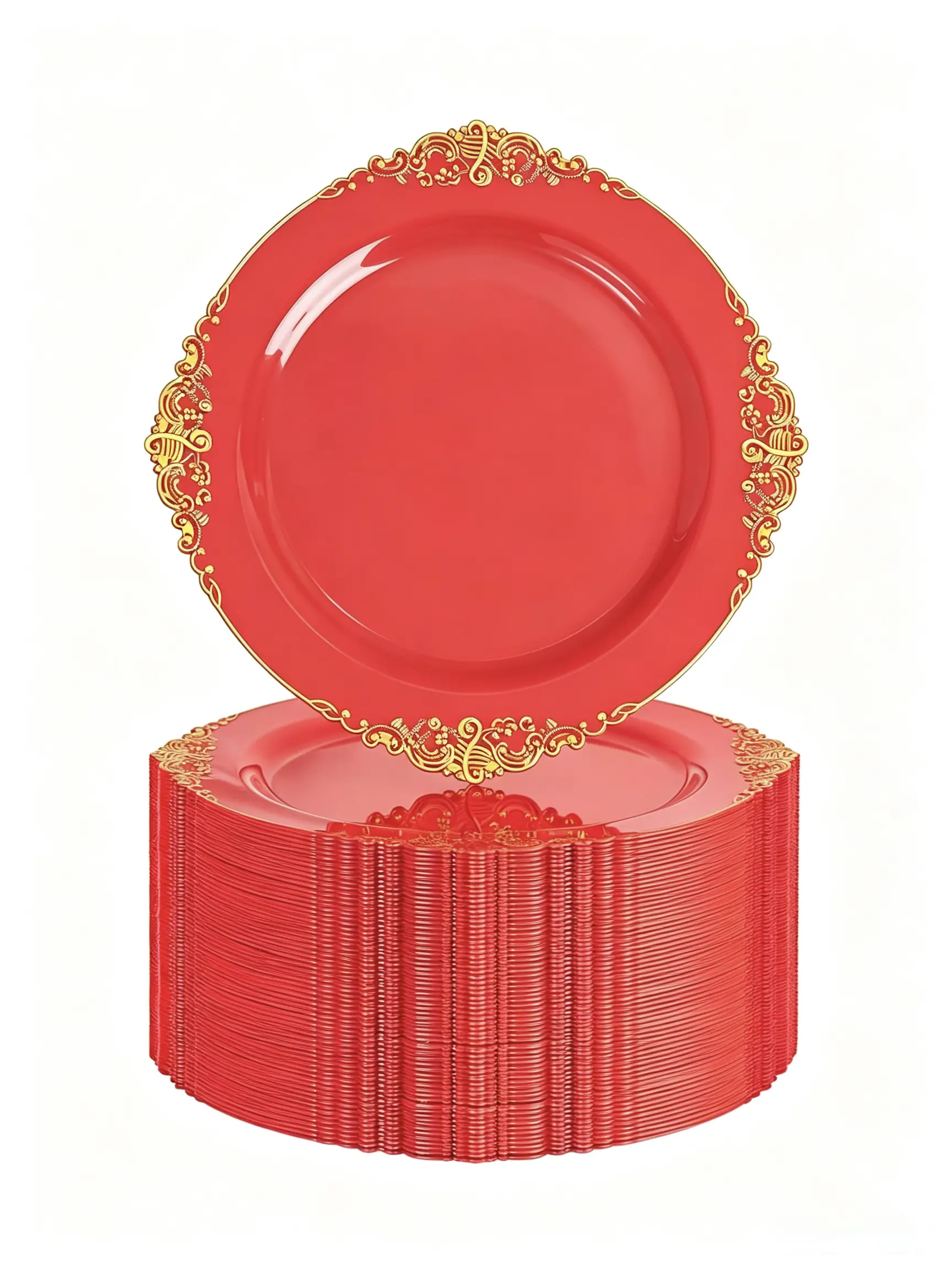 Nervure 100PCS Red and Gold Plastic Plates - 10.25inch Red Disposable Plates - Heavyweight Dinner Plate for Wedding & Party & Independence Day