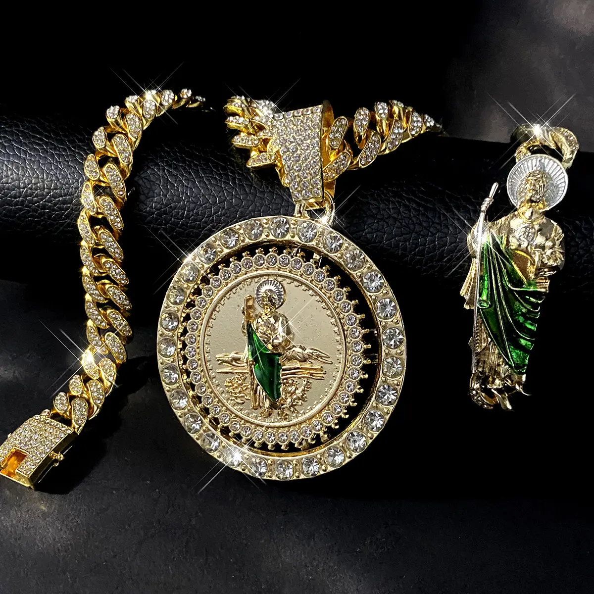 HOLDNEAR 3PCS Iced Out St. Jude Jewelry Set - Rotating Saint Jude Pendant Necklace & Cuban Link Bracelet, Zinc Alloy Religious Catholic Jewelry, Faith Protection Gift for Men & Women, Gift Box Included
