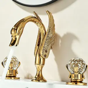 Luxury Gold Swan Bathroom Sink Faucet, 8 Inch Widespread Bathroom Basin Vanity Faucet Deck Mount 3 Hole 2 Handle Crystal Knobs Sink Mixer Tap,with Water Supply