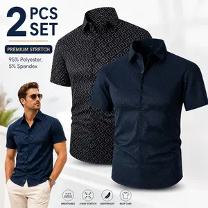 2-pack men's short-sleeved button-up shirt, fashionable geometric print lightweight elastic short-sleeved casual summer top