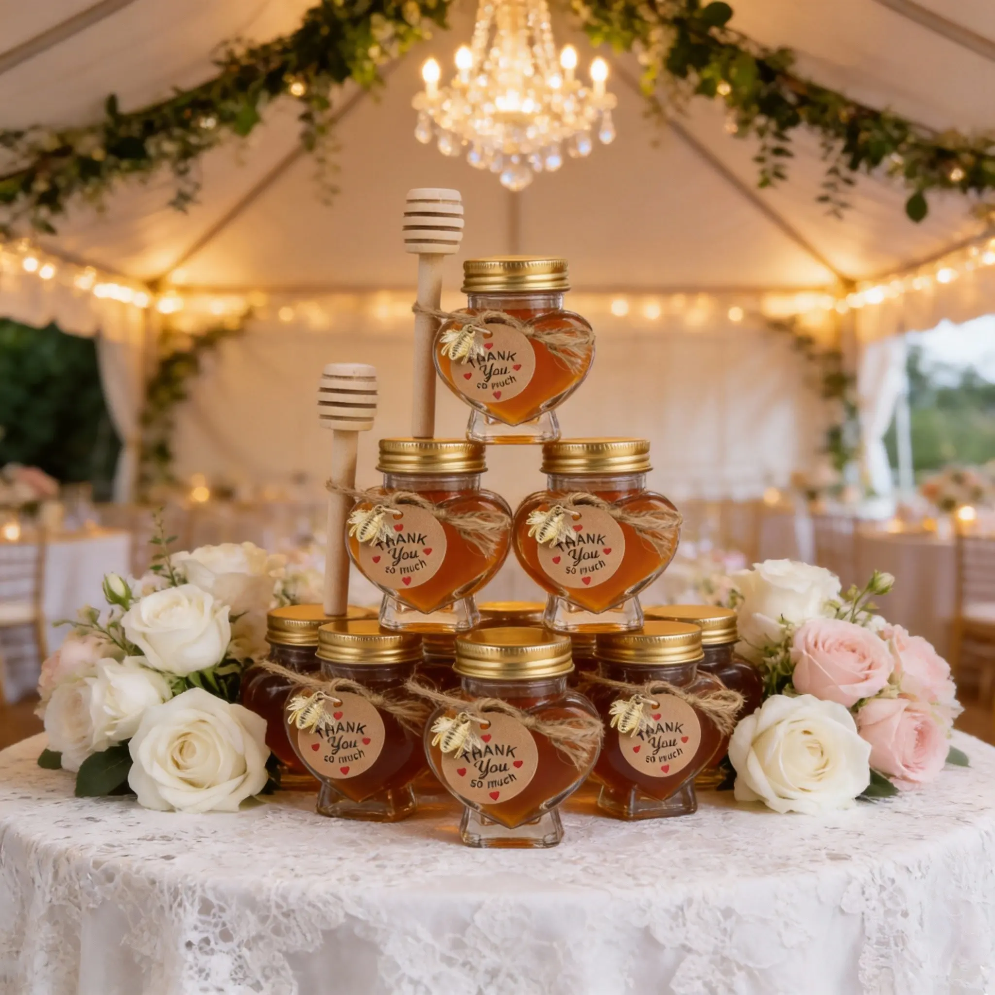 6/16/32Pcs mini-60ml Heart Shaped Glass Honey Jars Set with Dipper, Twine, Bee Charm & Thank You Cards, Wedding Favors for Guests, Glass Containers
