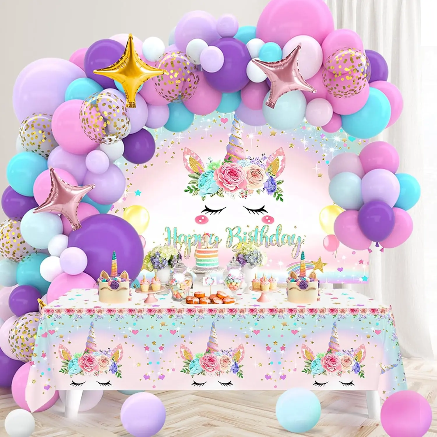 Unicorn Birthday Decorations For Girls,118Pcs Unicorn Theme Party Supplies With Balloon Garland Arch Kit Backdrop And Tablecloth For Girls Women Birthday Party Decorations