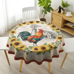 1PC Round Tablecloth, Vintage Textured Background with Colorful Rooster, Windmill & Barn Pattern (Sunflower Wreath Accents), Decorative Table Linen for Dining Table, Home Decor & Rustic Farm-Themed Gatherings