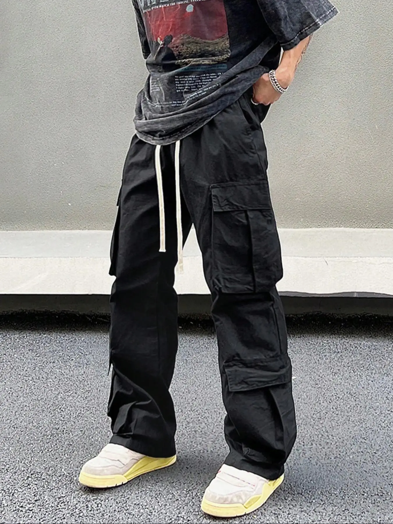 Men's Solid Pocket Drawstring Cargo Pants, Loose Street Straight Leg Trousers, Mens Clothing, Summer Pants, Men's Bottoms for Daily Wear