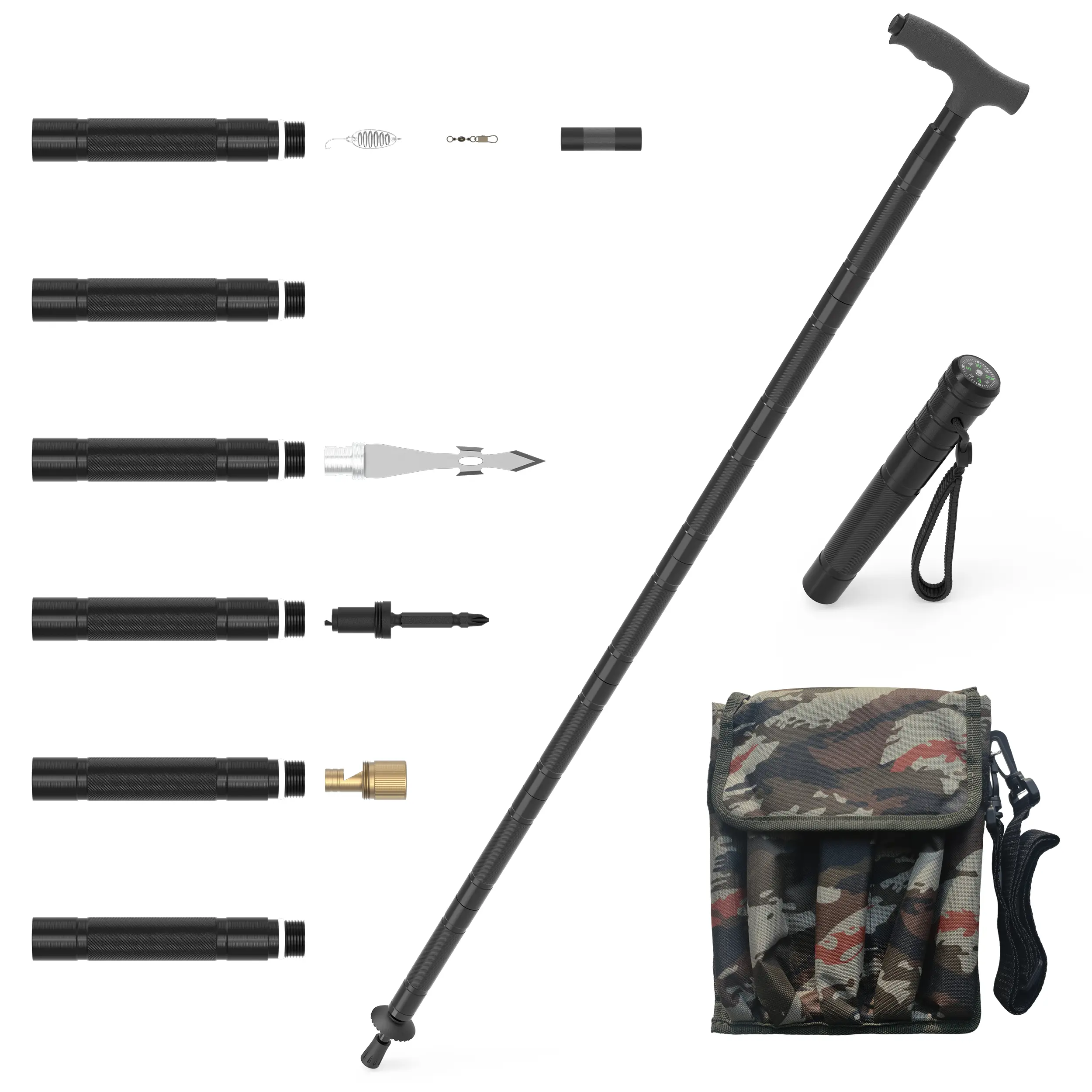 Unisex Adjustable Aluminum Shaft Hiking Trekking Stick - T-Shape Functional Stick with Flashlight, Compass for Camping