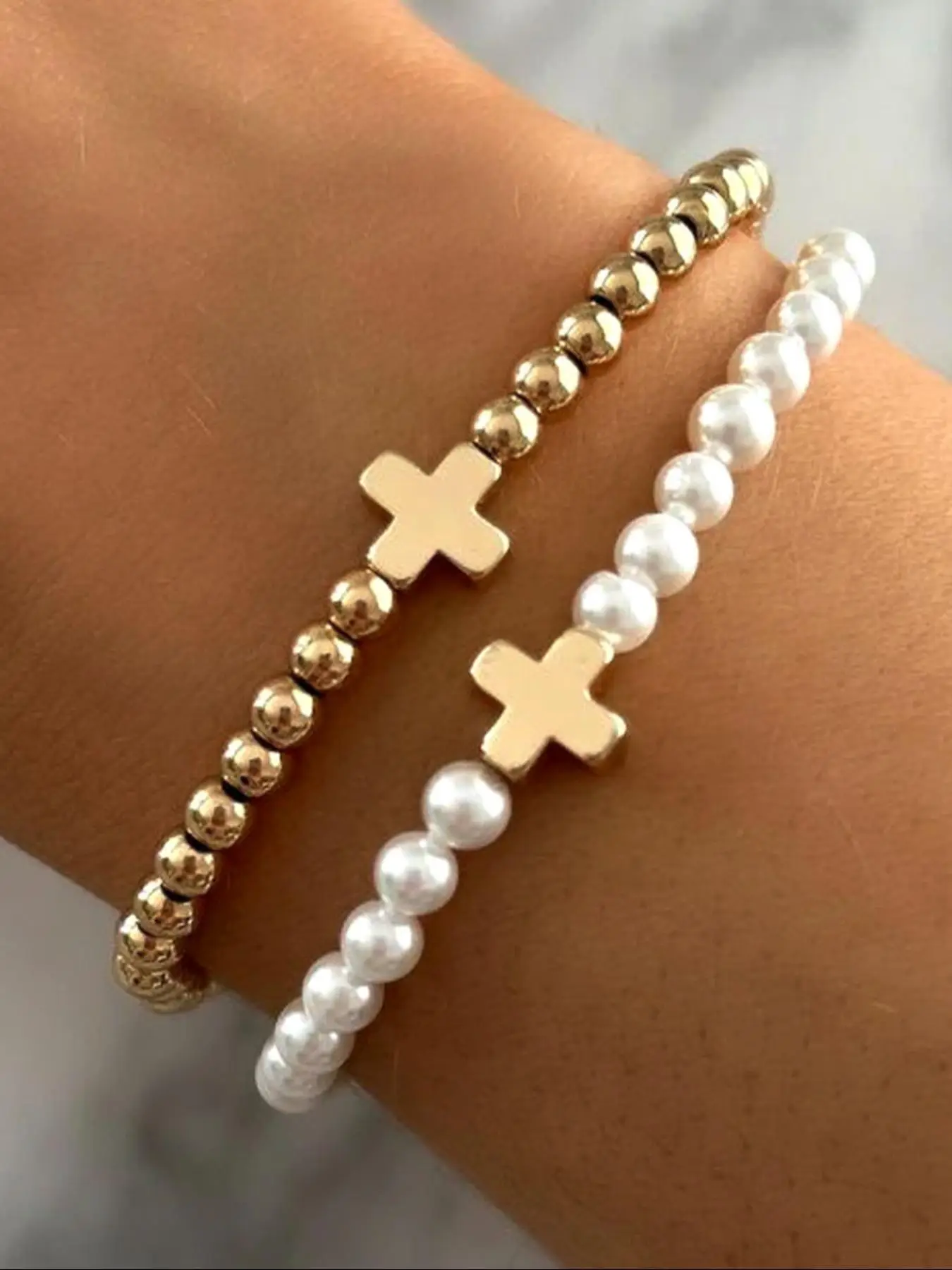 Faux Pearl Decorated Cross Charm Beaded Bracelet, Fashion Jewelry for Party, Daily Clothing Decor, Trendy All-match & Exquisite Jewelry for Birthday G