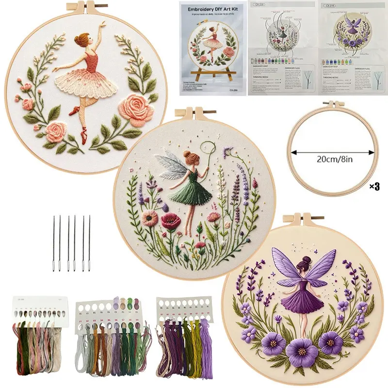 Beginner Embroidery Kit, Fairy Style Cross Stitch Set, DIY Embroidery Lovers, Embroidery Craft, Includes Printed Cotton Fabric, Thread, Needle, English Teaching Chart, 20cm Bamboo Frame, Hand Embroidery, Handmade Embroidery, DIY Kits, Embroidery Supplies
