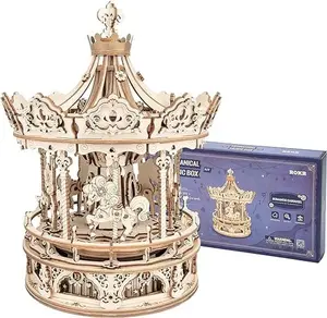 【self-assembly puzzle】ROKR 3D Wooden Puzzle Carousel Model Building Kits Rotating 5-Horses Music Box Christmas Birthday Gift for Kids Girls Daughter Wife Girlfriend