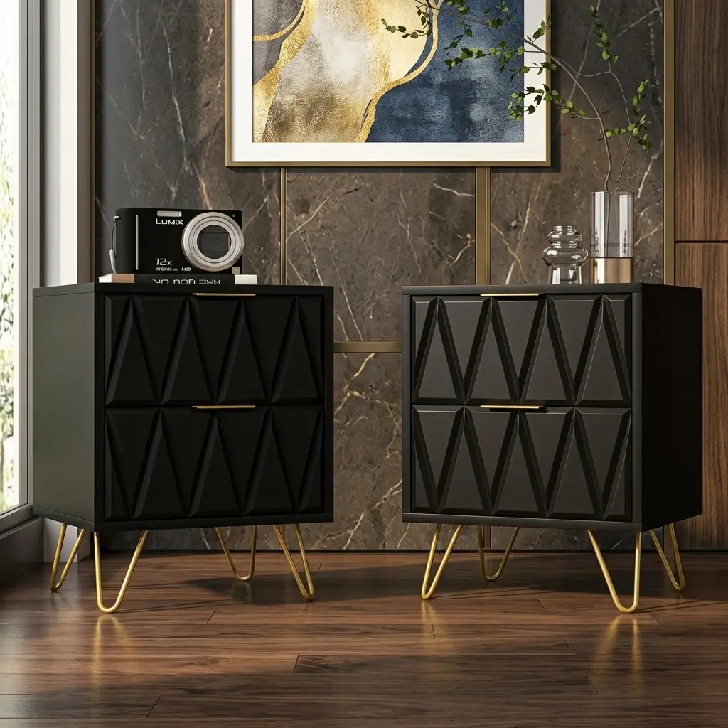 Modern Chic Black and Gold Bedroom Nightstands - 2-Piece Carved MDF Elevated Luxury Minimalist Modern Bedside Tables with 2 Storage Drawers, Golden Metal Legs, Easy Setup Accent Side Tables for Bedroom Living Room Decor, Black And Gold Bedroom Furniture