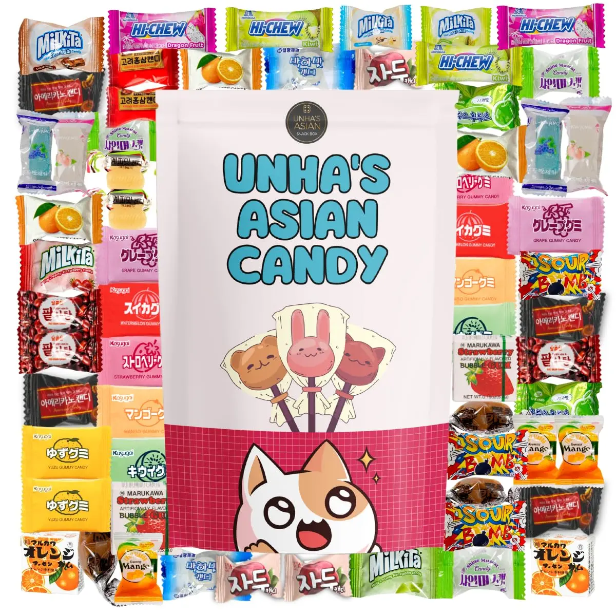 Asian candy mystery gift box, 60 count variety Japanese and Korean treats, sweet sampler chewy, fruity, and chocolate snacks, fun surprise box for kids, teens, and candy lovers