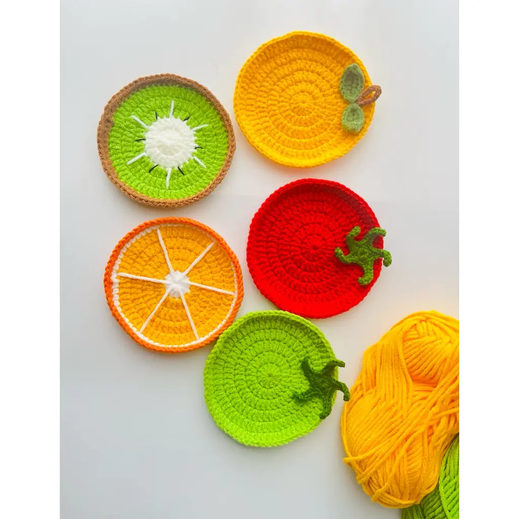 Handmade Crochet Fruit Coasters – Cute Absorbent Yarn Cup Mats for Coffee Table, Desk Decor and Housewarming Gift