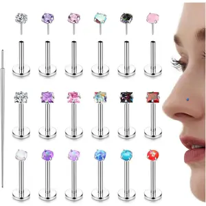 Trendy Summer 18PCS Threadless Nose Rings Studs for Women Men 20G 18G 16G Hypoallergenic Surgical Stainless Steel Labret Lip Rings CZ Opal Push in Earrings Flat Back Nose Stud Cartilage Nostril Conch Helix Tragus Piercing Jewelry
