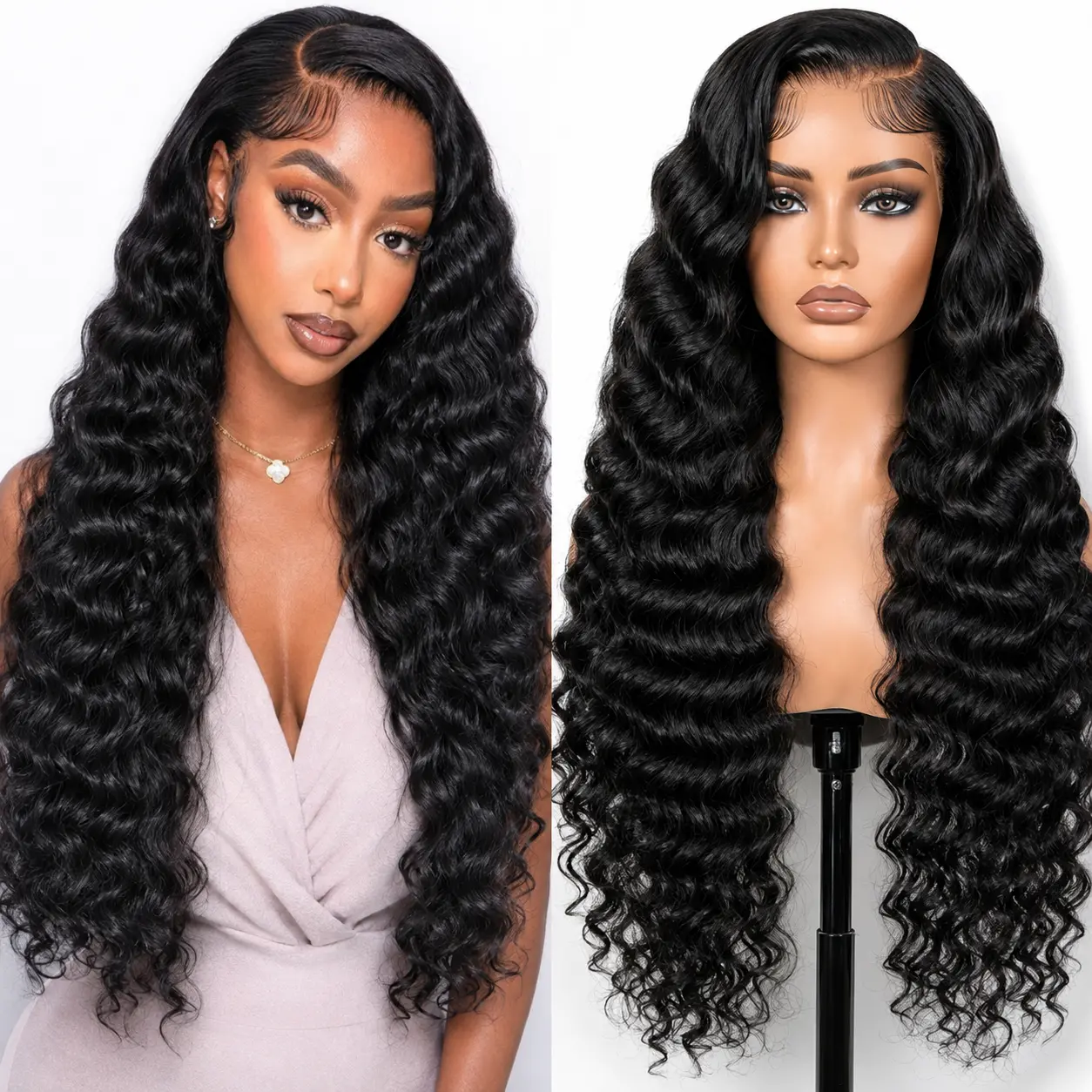 Women's HD Human Hair Lace Front Wig ($93.99) - Black 30in, 13x4 Lace Area Wigs, 180% Density Pre-Plucked Hairline with Baby Hair, Silky Deep Wavy/Straight, Full Volume for Everyday Wear, Deep Wavy Hair