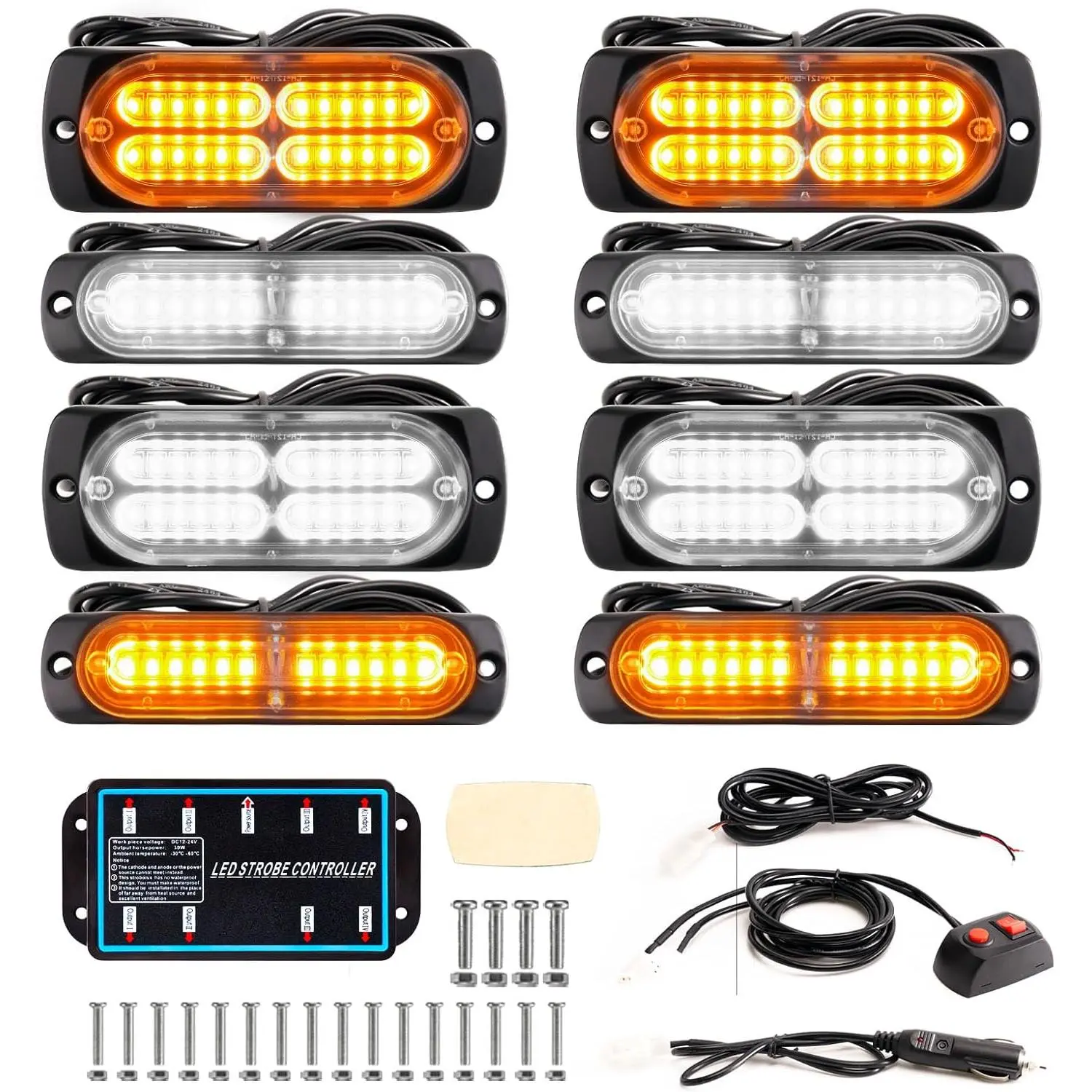 8PCS Surface-Mount LED Emergency Strobe Lights with Controller for Vehicles, Trucks/Cars (4Y4W)