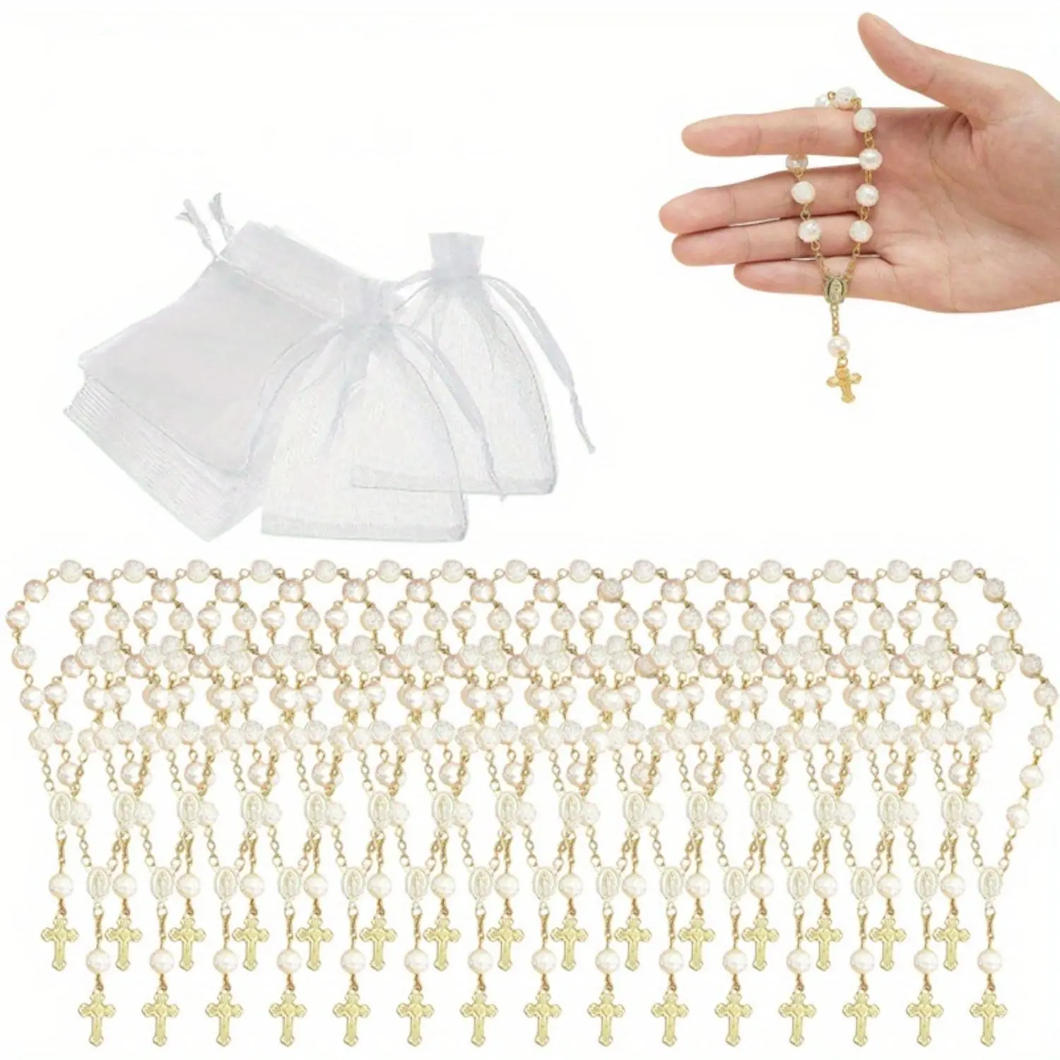 [Summervibes] 30 Pcs Mini Rosaries Baptism Rosary Beads Set,Acrylic Ivory Color Finger Baptism Rosaries Faux Pearls with Organza Bags for Christening Weddings Party Favors,Christmas Gifts,Hand Tools Kits