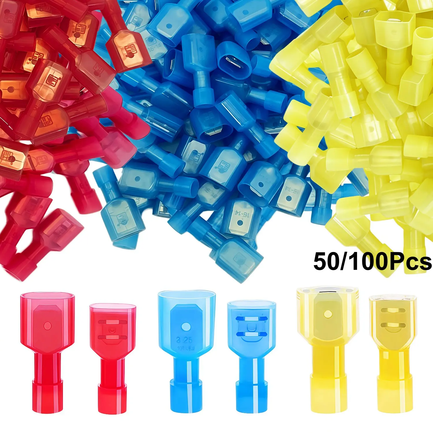 100/50pcs Nylon Spade Wire Connector, 22-10 AWG Gauge Electrical Insulated Terminals, Crimping Terminals, Male And Female Crimps Terminal Connectors For Speaker Auto Stereo Wiring, Industrial Quick Connect/Disconnect Wire Assortment