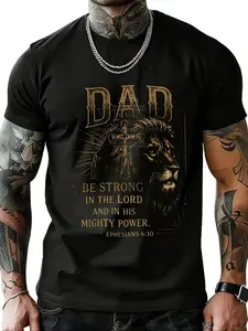 Menswear Crewneck Vintage Christian Fatherhood T-Shirt, Men's Short-Sleeve Top With Lion & Cross Graphic