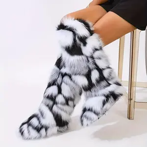 [Everyday Comfort] Women's Fashionable Faux Fur Knee-High Snow Boots - Cozy Winter Warmth, Fluffy White and Black Striped Design, Comfortable Slip-On Style with Soft Plush Lining and Durable PVC Sole, Winter Boots  Girl Flat