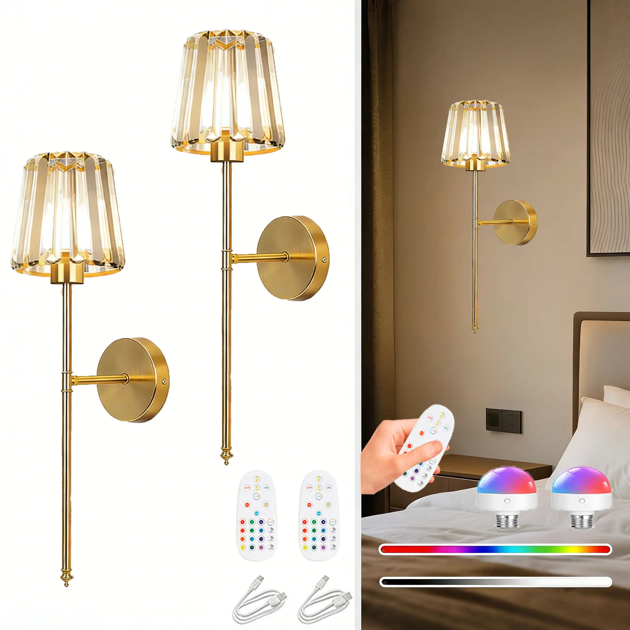 Luxury 2 Piece Crystal Wall Sconce Set USB Charging Battery Powered with Remote Control and Bulbs Half Inset Adjustable Indoor Lighting for Bathroom and Bedroom Upscale Atmosphere#HomeDecor #InteriorDesign #WallLight #LuxuryHome#CrystalWallSconce