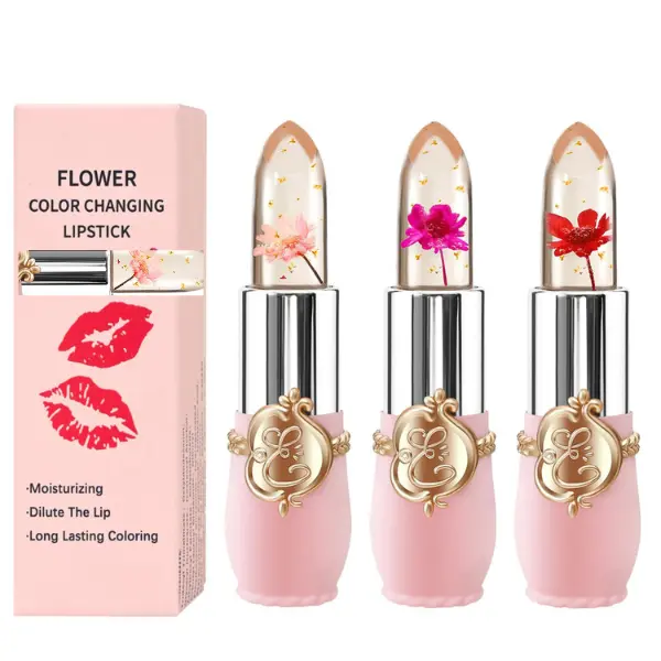 3 Pcs/Set Flower Jelly Lipstick Set Temperature Change Moisturizer Long Lasting Nutritious Balm Magic Color Change Lip Gloss (3Pcs Flower Jelly Lipstick 010203)