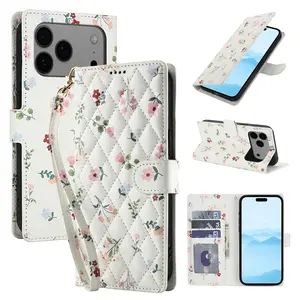 Women's Wallet Case for Various iPhone Models, Floral Design, Card Holder, Flip Stand, Shockproof Protection, Compatible with iPhone 17, 16e, 16, 15, 14, 13 Pro Max