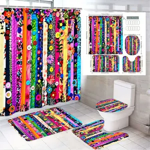 1/4pcs Colorful Patchwork Shower Curtain Set with Toilet Lid Cover & 2 Bath Mats - Whimsical Striped Floral Flower Design for Bathroom Decor, Perfect for Spring/Summer/Easter/Valentine's Day Festive Home Accents