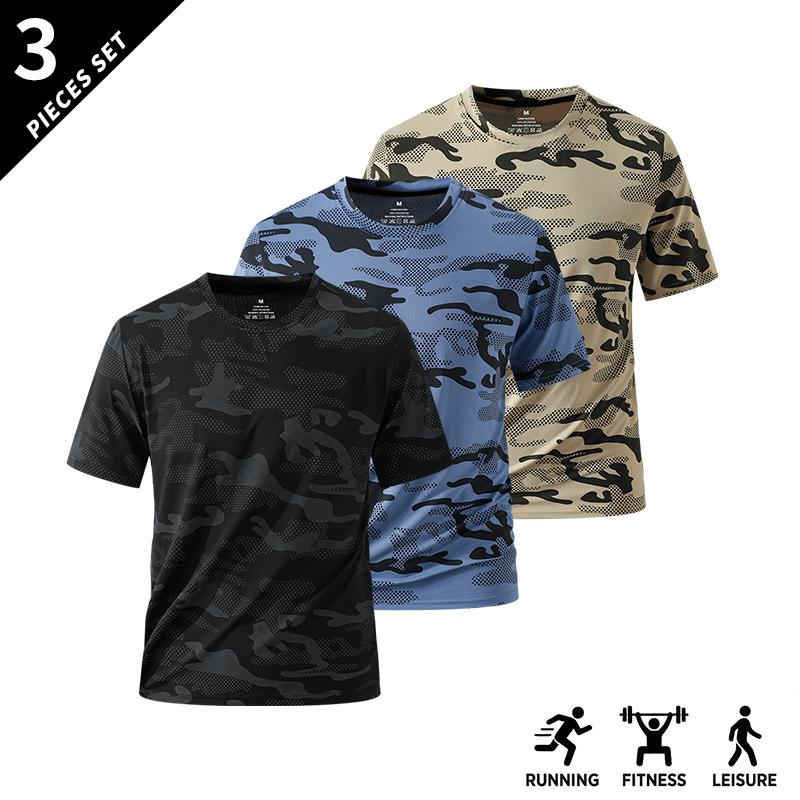 Pack of 5 short-sleeve tops, available in multiple colors. Breathable and casual, suitable for fitness and sports. Designed for teenage boys/male students. Crew neck with a camouflage print pattern that has stretch. Ideal for outdoor everyday wear.