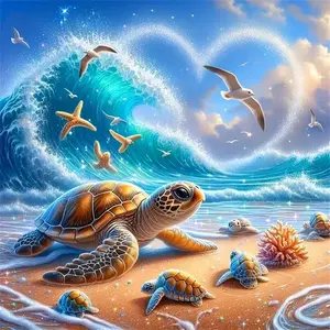 Magical Heart Wave Sea Turtles Beach 5D Full Drill Diamond Painting Kit Ocean Love Starfish Seagull Coastal Landscape Art DIY Cross Stitch Mosaic Craft Warm Home Wall Decor Handmade Gift for Turtle & Ocean Lovers