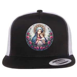 Mother Mary Stained Glass Collection: Roses Mary And Jesus Catholic Christian Flat Bill Trucker Hat