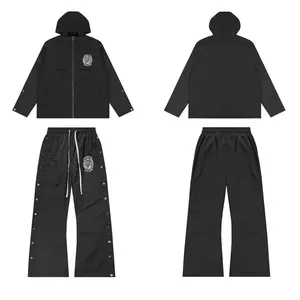 Oversized Embroidered Windbreaker Tracksuit Set, Side Snap Buttons & Flare Pants, Y2K Retro Sportswear Matching Co-Ord, Unisex Hip Hop Streetwear for Men Women Summer Festival OOTD