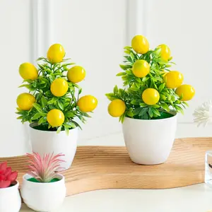 2 plates - Mini artificial 9-fruit lemon plant potted plants with plastic white flowerpots, House Plants Decor, Fake Plant Decoration, suitable for desks, window sills, bookshelves, home decoration