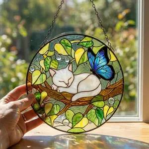 White Cat Sleeping on a Tree Branch - Stained Glass Window Decor, Flower Garden, Butterfly, Gift for Cat Lovers, Pet Memorial Decoration, Gift for Mom