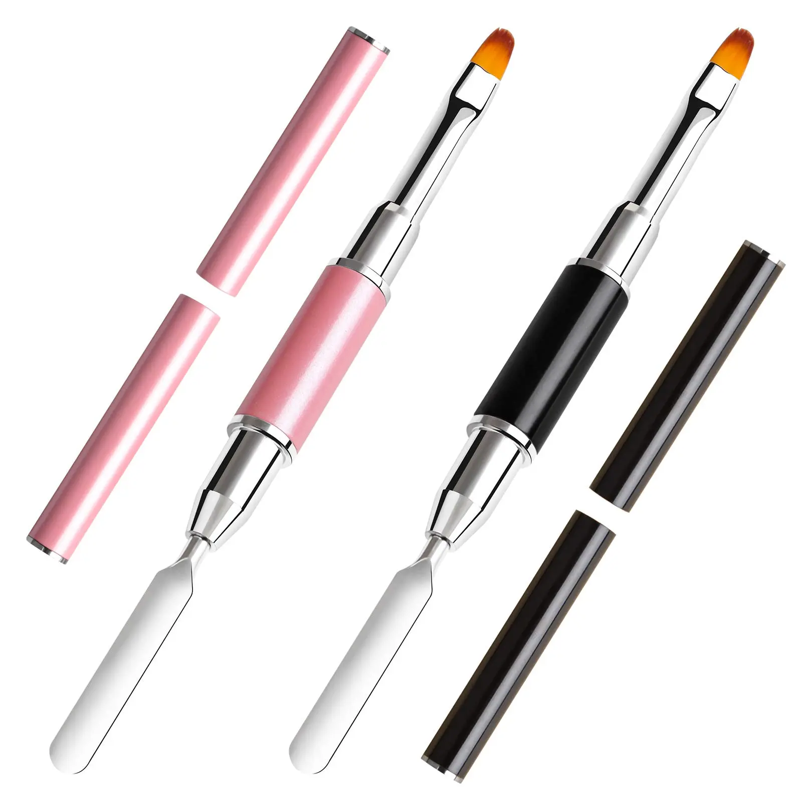 Perfect Valentine‘s Gift - 2Pcs Poly gel Brush Dual-Ended Poly gel Brush and Spatula Picker Stainless Steel Poly gel Brush Pen for ​Nails Extension Application Tool(Pink & Black) Manicure Nail Care Cutics Nail Art