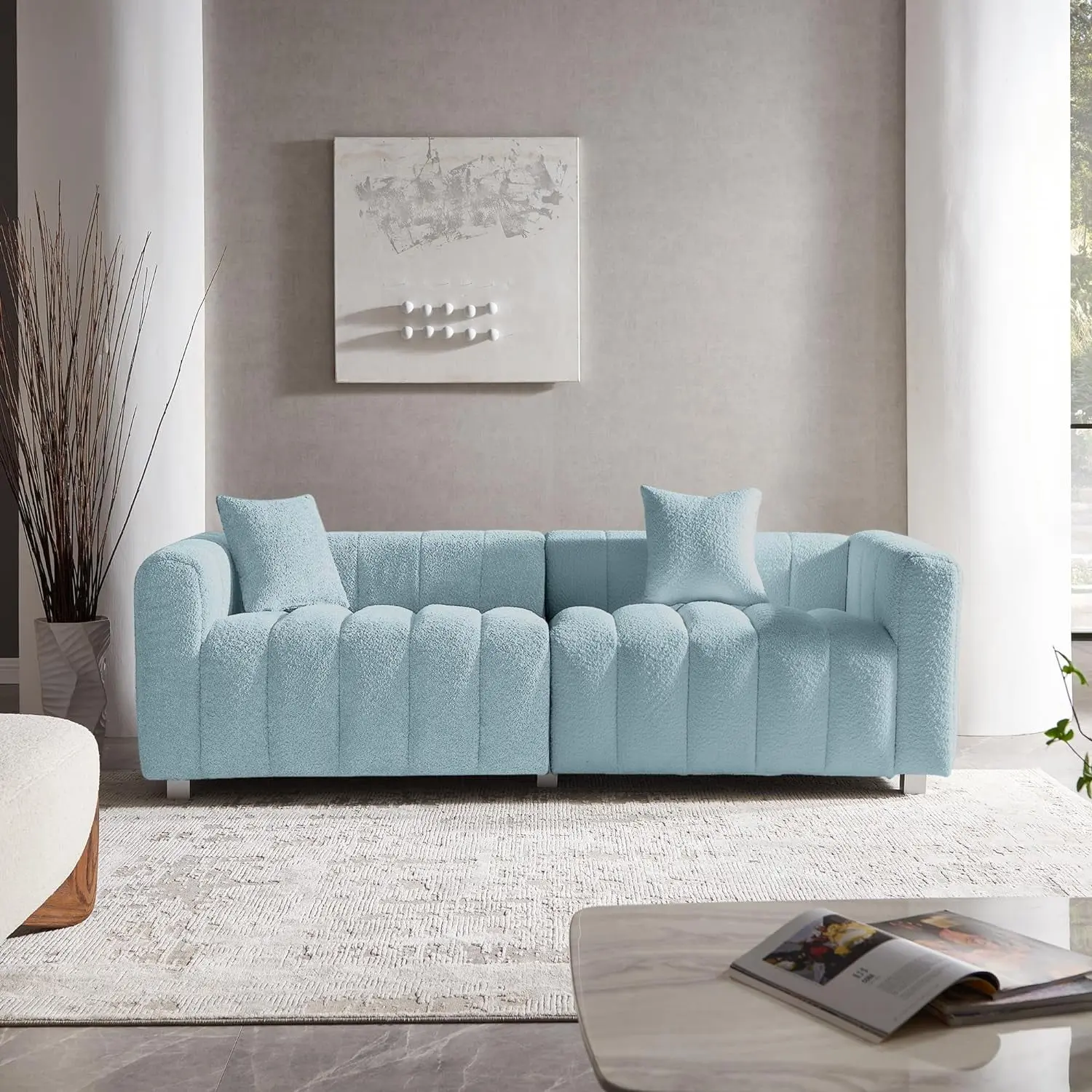 83.46'' Premium Velvet Sofa 3-Seater Loveseat, Modern Bubble Upholstered Couch with Metal Base Legs and 2 Pillows for Living Room, Bedroom., Modular, Pink/Blue/White+gray