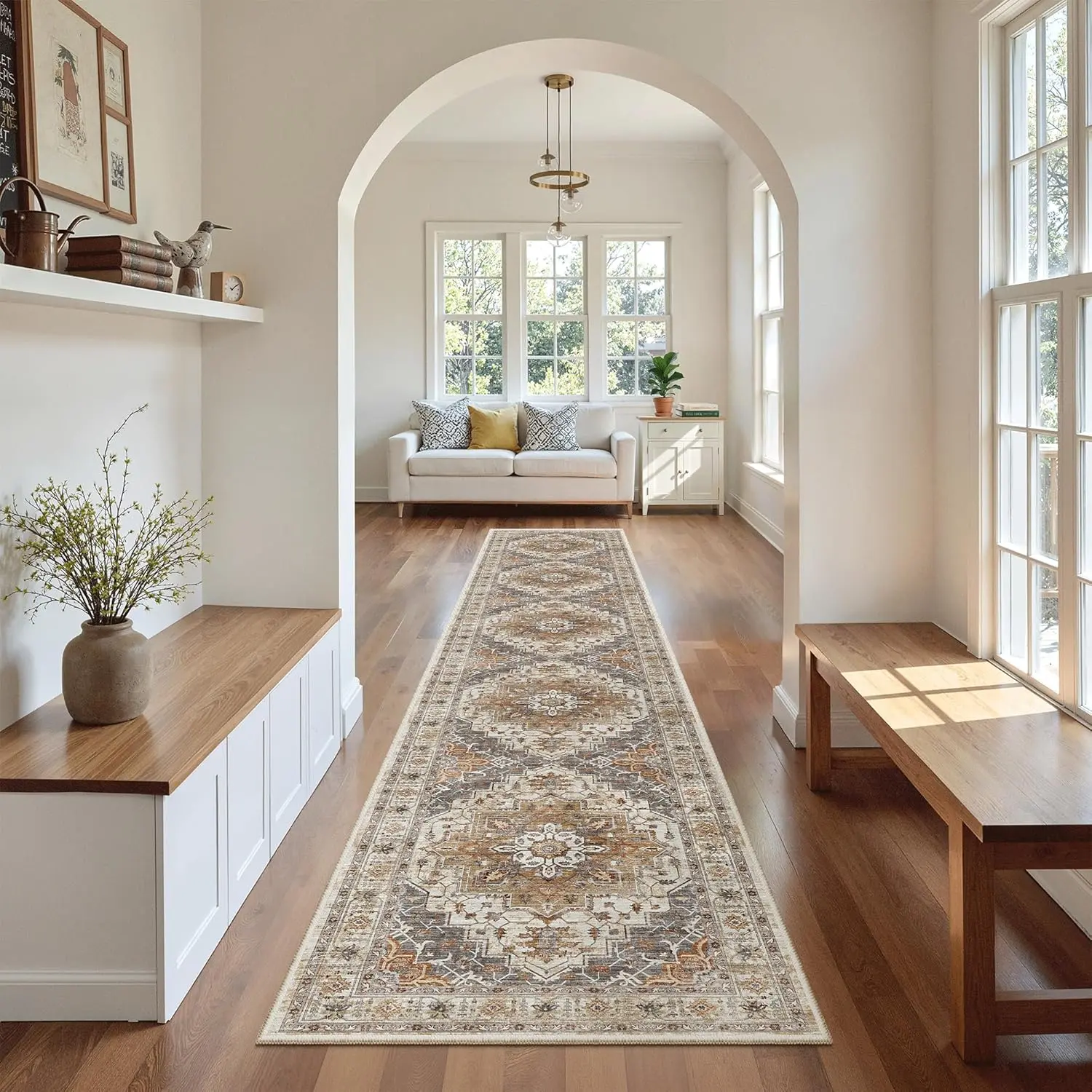 Hallway Runner Rug 2x12, Long Washable Runner Rugs with Backing, Non Slip Carpet Runner, Vintage Rug for Laundry Room Entryway (Turmeric/Grey, 2'x12')