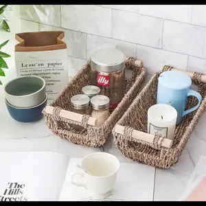 1Pack Seagrass Small Storage Wicker Basket with Wooden Handles for Organizing