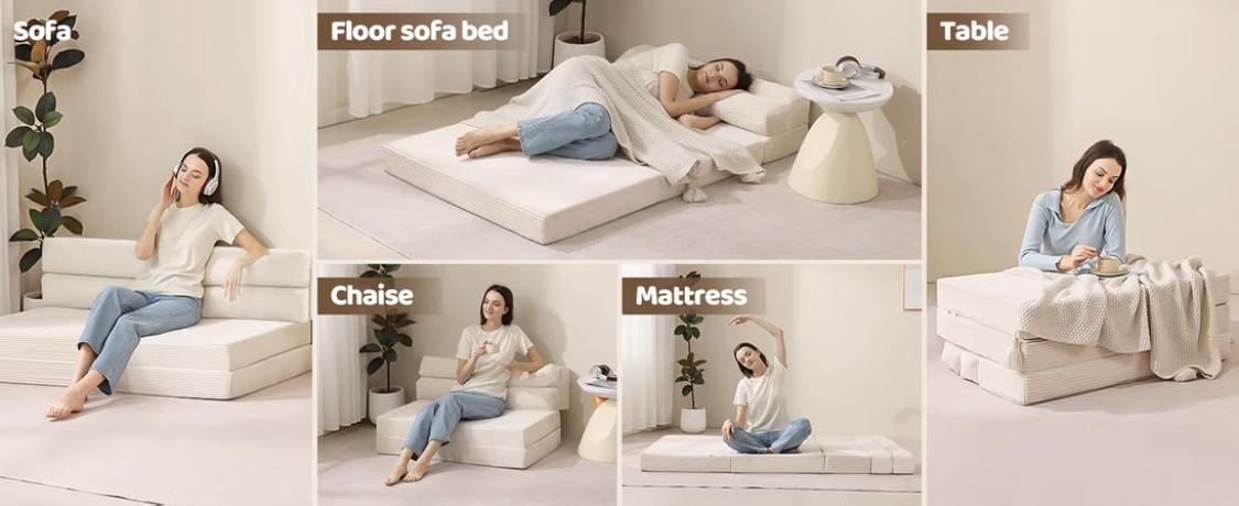 WINZOO Beige Convertible Futon Sofa Bed, Corduroy Fabric High-Density Foam Loveseat, Multifunctional Foldable Design for Living Room & Bedroom Reading Relaxation