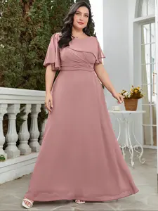 Plus Size Women's Round Neck Shoulder Embroidered Floral Waist Pleated Cinched Hem Maxi Dress, Solid Color Chiffon Party Bridesmaid Gown