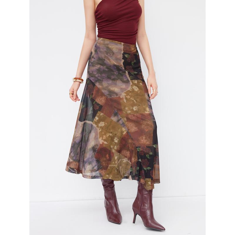 Cider Mesh Mid Rise Abstract Graphic Floral Asymmetrical Hem Maxi Skirt