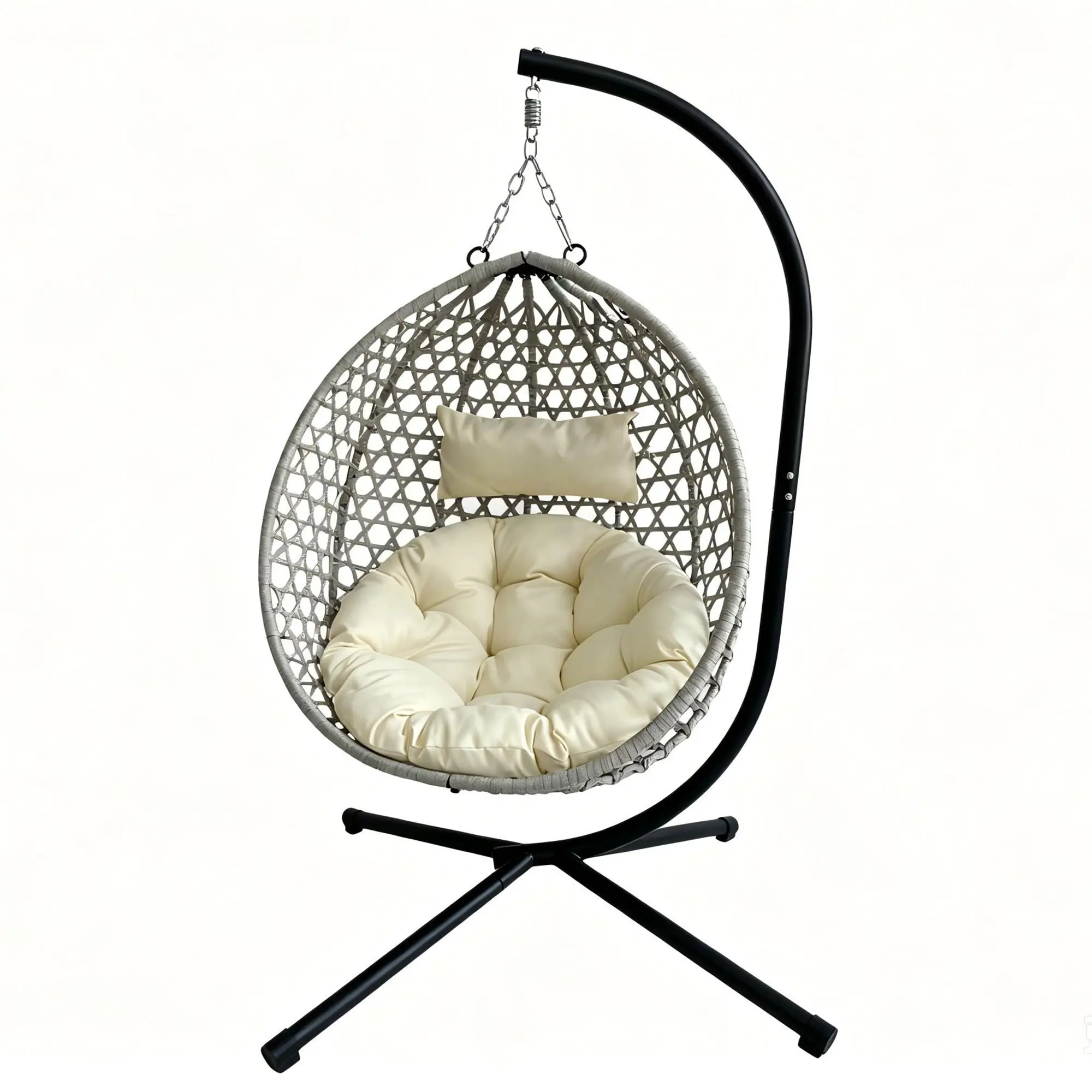 Foldable Hanging Egg Chair with Stand, HDPE Rattan Wicker Swing Chair with Cushion, Heavy Duty Frame 350 Lbs Capacity, Outdoor Patio Indoor Bedroom Balcony