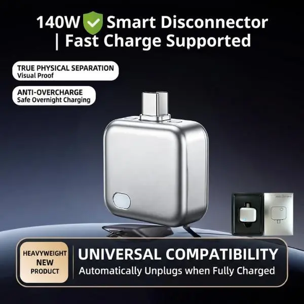 TypeC 140W Physical-Disconnect Battery Guard - Auto & Self-Eject Charger, Smart Auto-Stop Accessory for Chargeable Mobile Smartphones, Laptops, Tablets, Anti-Overcharge Tech Accessories for Safe Overnight Use, Gift Cellphone Auto Unplug
